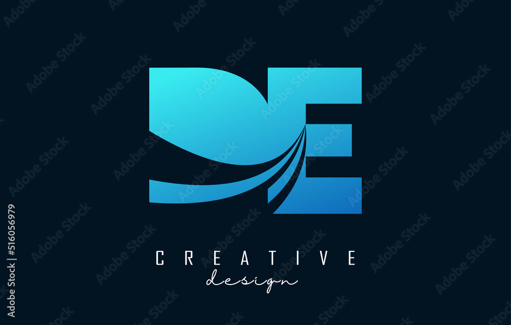 Creative blue letters DE d e logo with leading lines and road concept design. Letters with geometric design. Creative blue letters DE d e logo with leading lines and road concept design. Letters with geometric design.