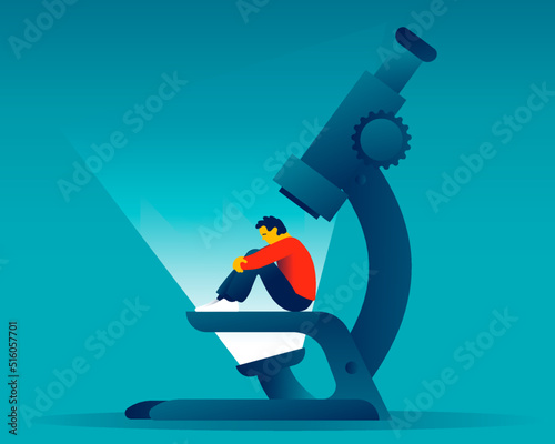 Sad man sitting under a microscope. Depression causes analysis. Concept of scientific research of the causes of anxiety in men. Male subject. Vector illustration