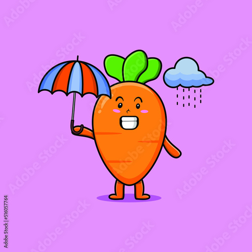 Cute cartoon carrot character in the rain and using an umbrella in flat modern style design
