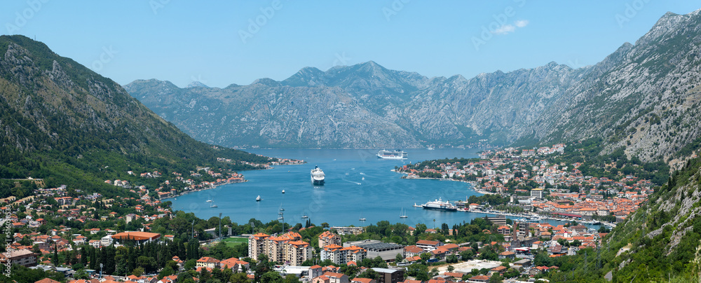 Panoramic view of the old town and the Bay of Kotor from above. The Bay of Kotor is the beautiful place on the Adriatic Sea. Kotor, Montenegro.