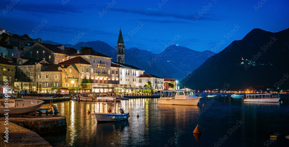 Historic city of Perast in the Bay of Kotor in summer, Montenegro. Evening panoramic view. The Bay of Kotor is the beautiful place on the Adriatic Sea. Perast, Kotor bay, Montenegro. Historic city of Perast in the Bay of Kotor in summer, Montenegro. Evening panoramic view. The Bay of Kotor is the beautiful place on the Adriatic Sea. Perast, Kotor bay, Montenegro.