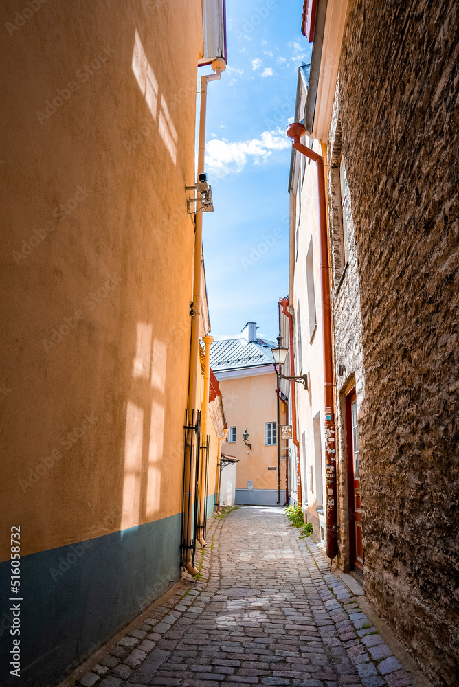 Empty alley amidst old residential buildings in the city of Tallinn. View of cobblestone street in famous historic capital town. Narrow road against sky during sunny day.