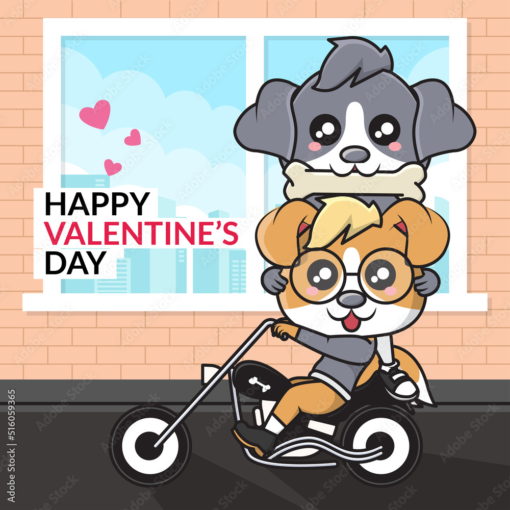 Cute cartoon character of dog couples riding motorcycle and happy valentine's day Cute cartoon character of dog couples riding motorcycle and happy valentine's day