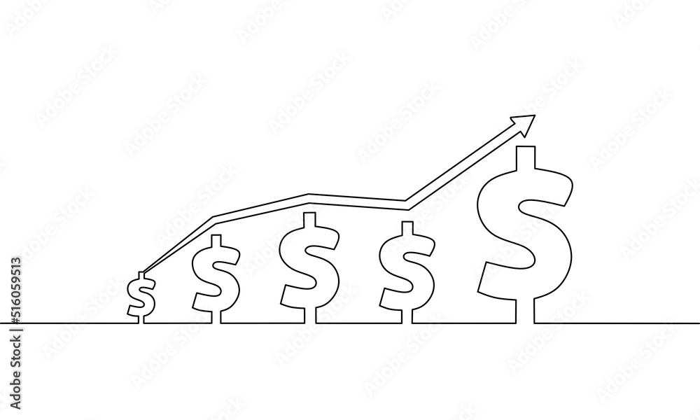 Continuous line drawing of arrow with dollar, business growth, single line  art, object one line, vector illustration Stock Vector