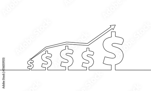 Continuous line drawing of arrow with dollar, business growth, single line art, object one line, vector illustration