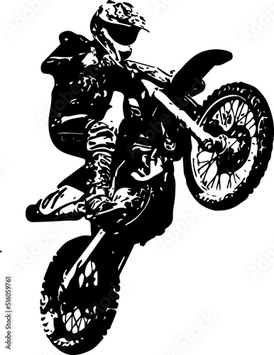 Silhouette of young man doing stunt on motorbike, Sketch drawing of motorbike adventure, line art illustration of bike stunt man