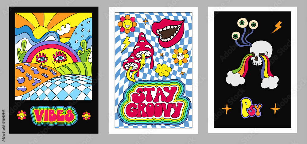 Bright groovy posters 70s. Retro prints with psychedelic flowers and mushrooms, Hallucination elements, skull, eyes, flowers.