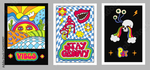 Bright groovy posters 70s. Retro prints with psychedelic flowers and mushrooms, Hallucination elements, skull, eyes, flowers.