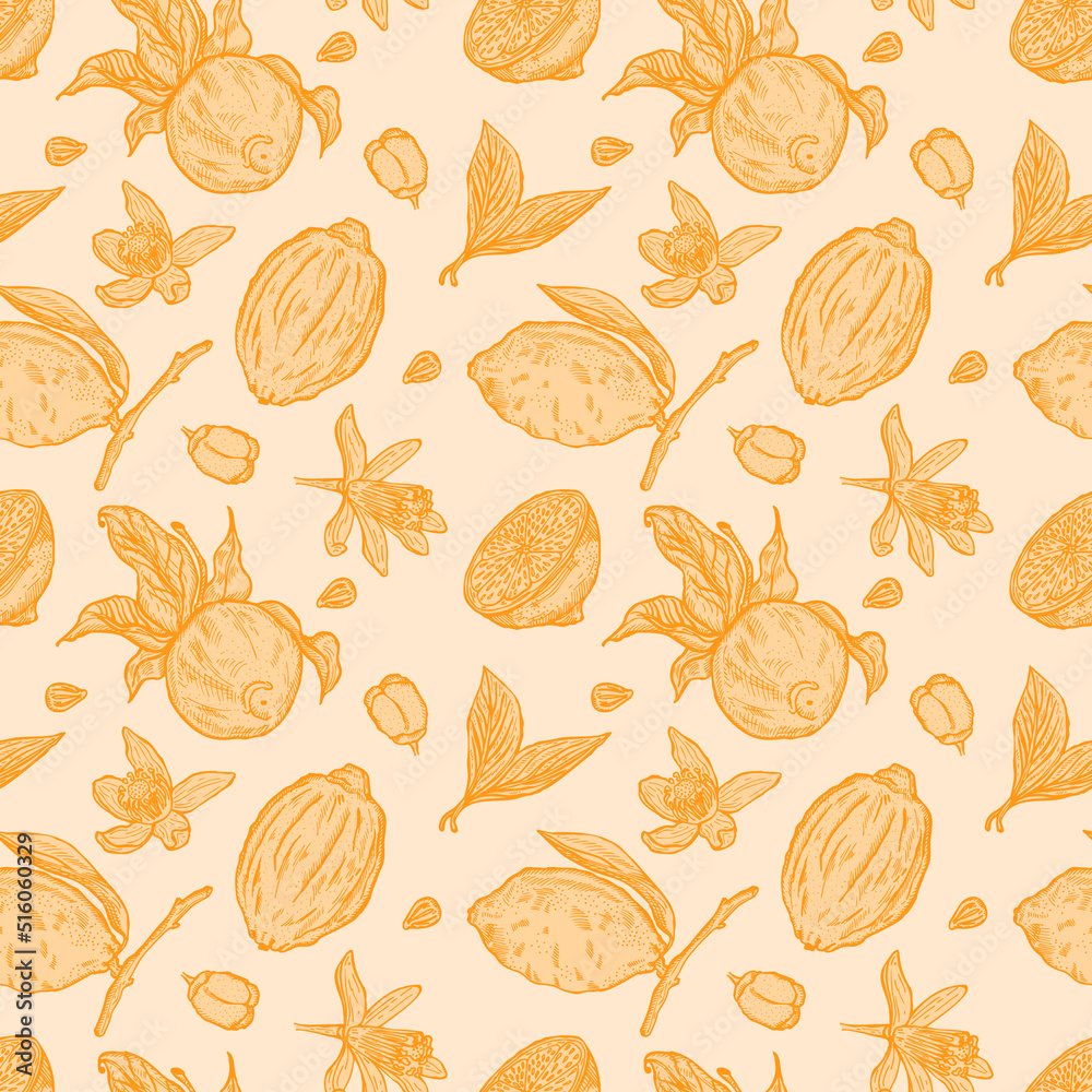 Fototapeta premium Engraving lemons seamless pattern. Vintage background with whole lemon, sliced, half, leaf, flowers and seed in hand drawn style.