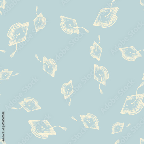 Graduate hats engraved seamless pattern. Vintage element education in hand drawn style.