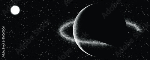 Star and planet in space. Futuristic landscape, with noise texture . Night landscape with starry sky .Vector illustration
