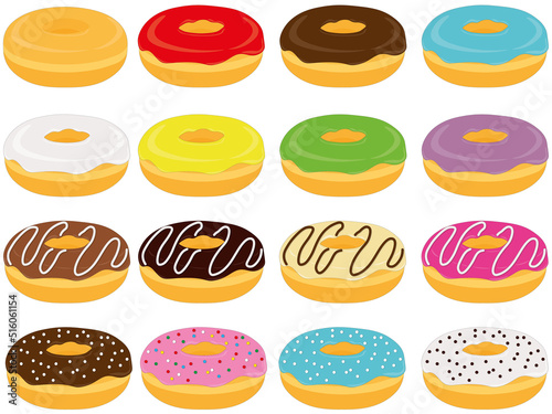 Collection of sweet doughnuts with different frostings and toppings vector illustration