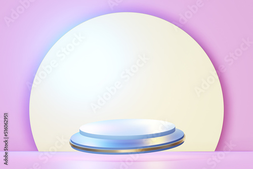 Blue podium and gold rings semicircular background on pink background for presentation   abstract 3d background   3D Rendering illustration