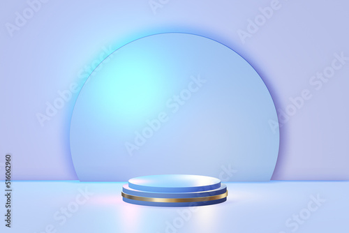 Blue podium and gold rings semicircular background on blue background for presentation   abstract 3d background   3D Rendering illustration