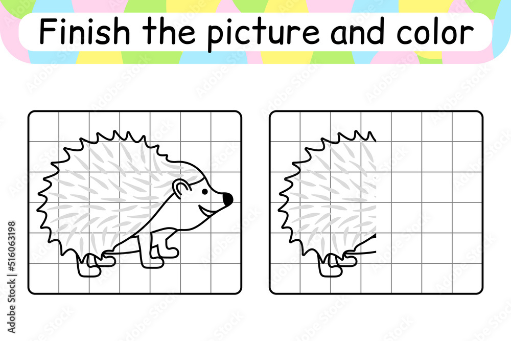 Obraz premium Complete the picture hedgehog. Copy the picture and color. Finish the image. Coloring book. Educational drawing exercise game for children