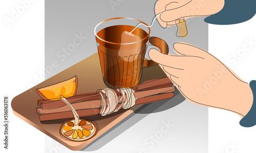 Hand is putting tea bag in a cup, with orange, cinnamon sticks on the cutting board. View from above. On white background with shadow. Flat style.