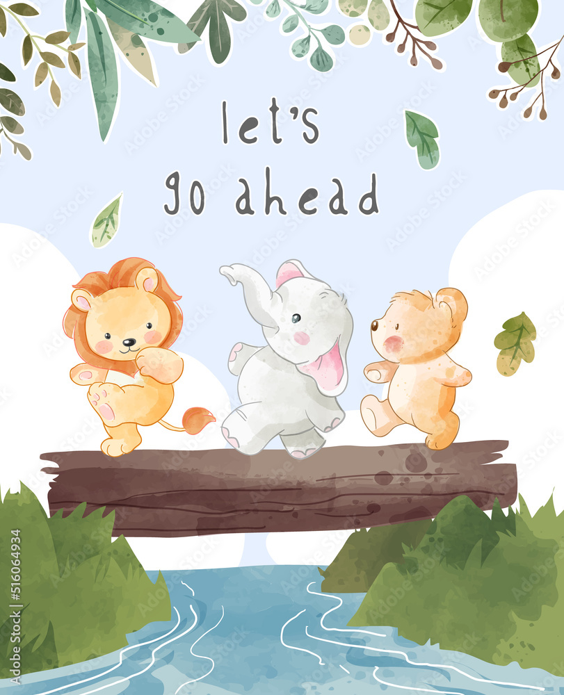 let's go ahead slogan with animals friendship walking on log crossing river  illustration Stock Vector | Adobe Stock
