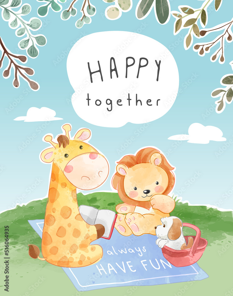 happy together slogan with cartoon animals reading story on a mat  illustration Stock Vector | Adobe Stock