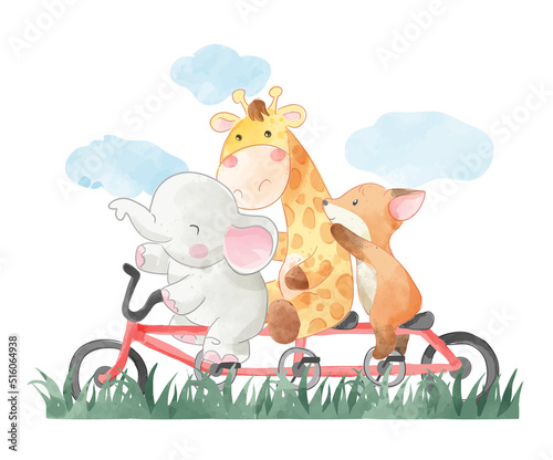 cute animal friends riding long bicycle illustration
