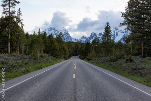 Scenic Road surrounded by Mountains and Trees in American Landscape. Spring Season. Grand Teton National Park. Wyoming, United States. Nature Background.