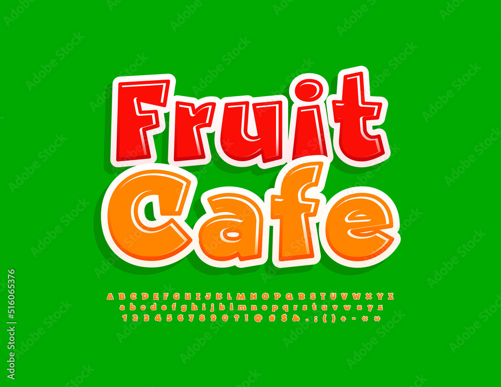 Naklejka premium Vector colorful Signboard Fruit Cafe. Orange glossy Alphabet Letters, Numbers and Symbols set. Cute bright Font. 
