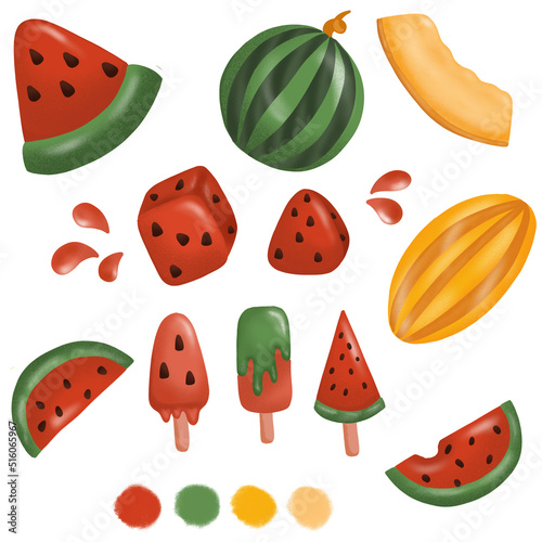 Set of watermelon amd melon pieces. Summer mood