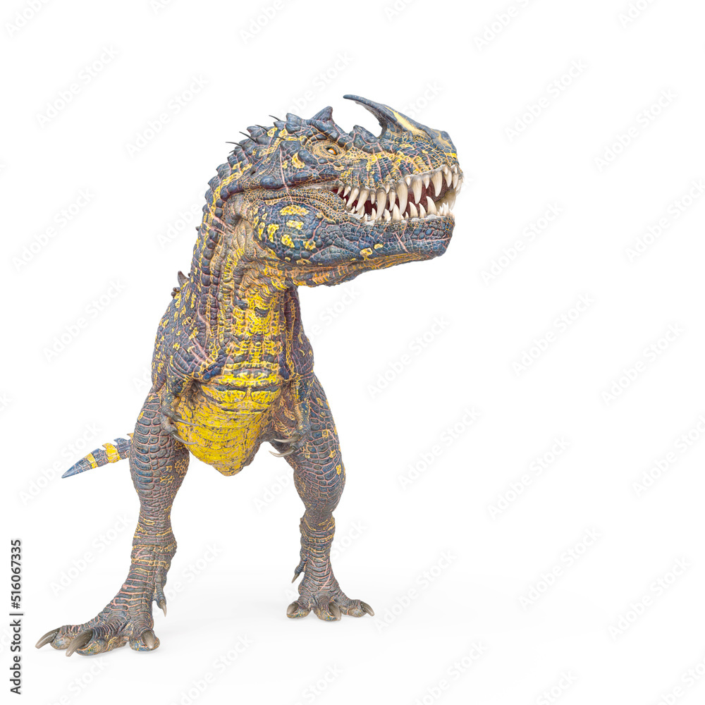 Fototapeta premium dinosaur monster is standing up and also looking for food on white background with copy space