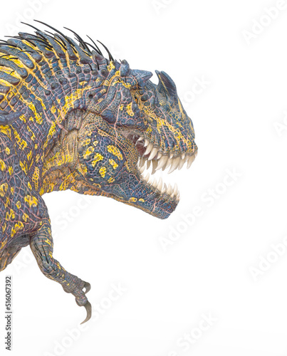 dinosaur monster is walking way on white background rear close up view
