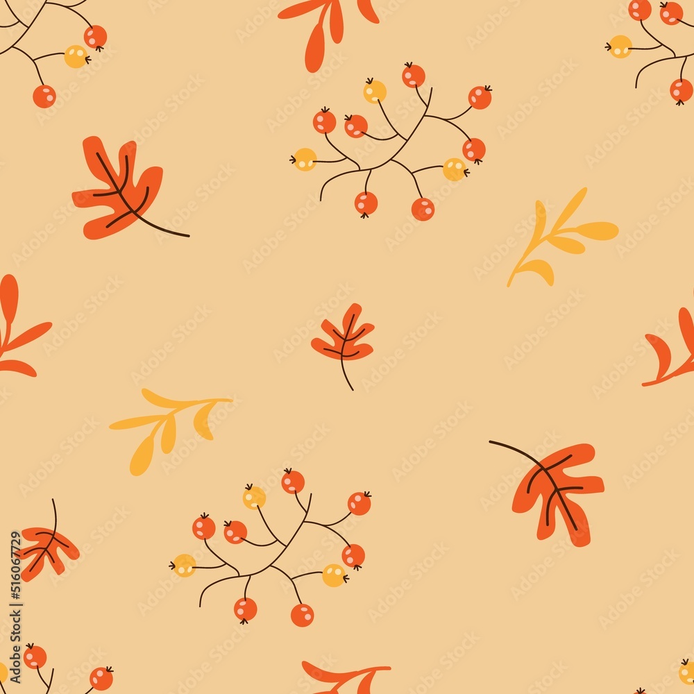 Autumn seamless pattern with cartoon oak leaves and rowan berries Autumn seamless pattern with cartoon oak leaves and rowan berries