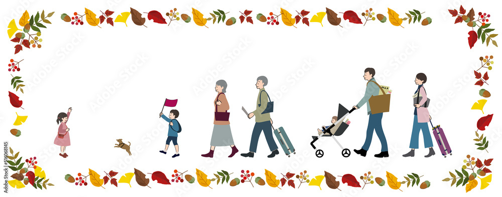 笑顔で旅行に出かける3世代家族と紅葉のフレームセット