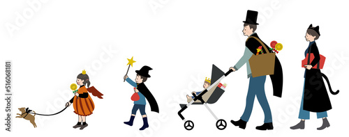 ハロウィンの仮装をしてお出かけしている家族と犬の手描きイラストセット