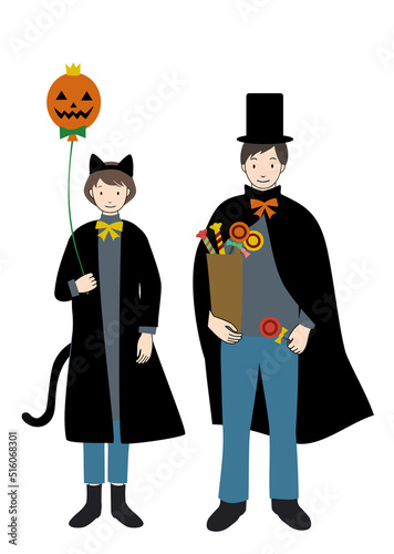 ハロウィンの仮装をしてお出かけしている女性と男性の手描きイラストセット