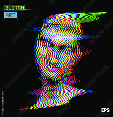 Glitch Art. Vector glitch corrupted RGB color mode offset illustration from 3D rendering of female classical head sculpture in wavy line halftone style isolated on black background.