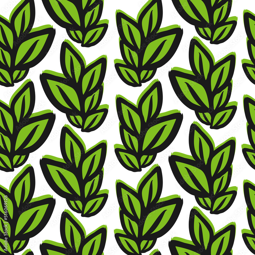 Seamless floral pattern. Simple outline vector illustration. Graphic fabric print template. Doodle line art background with green leaves. Scrapbook or wrapping paper.