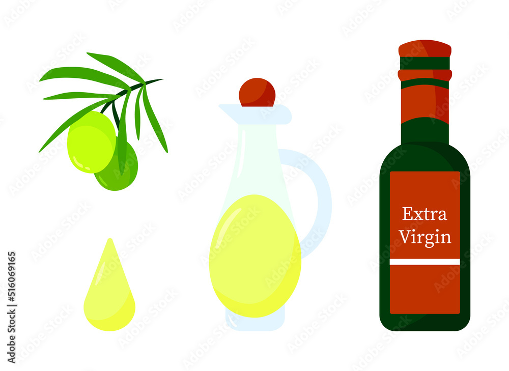Green olive branch with fruits and olive oil bottle cartoon illustration isolated on white background. Vector colorful fresh organic healthy food concept. Logo branding design element. Olives icon set Green olive branch with fruits and olive oil bottle cartoon illustration isolated on white background. Vector colorful fresh organic healthy food concept. Logo branding design element. Olives icon set