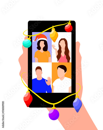 People meeting online via video conference on a smartphone on Christmas holiday. Vector conceptual illustration isolated on white background.