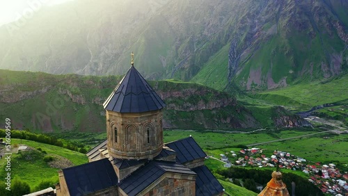 Aerial view of Gergeti Trinity Church in Georgia. photo