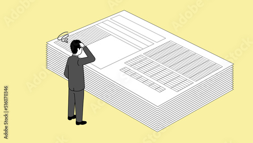 書類の山の前で困るビジネスマンのイラスト、アイソメトリック、ベクター