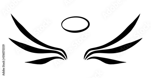 Angel wings and halo simple outline vector icon isolated on white background. Graphic shadow silhouette, wing shape emblem. Luxury logo design element