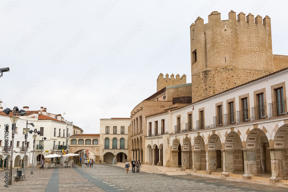 View at the exterior at the High Square Badajoz, Plaza Alta de Badajoz, with typical buildings , Badajoz, Spain