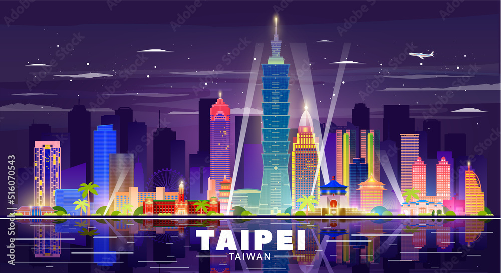 Naklejka premium Taipei ( Taiwan ) skyline with panorama in night background. Vector Illustration. Business travel and tourism concept with modern buildings. Image for presentation, banner, web site.