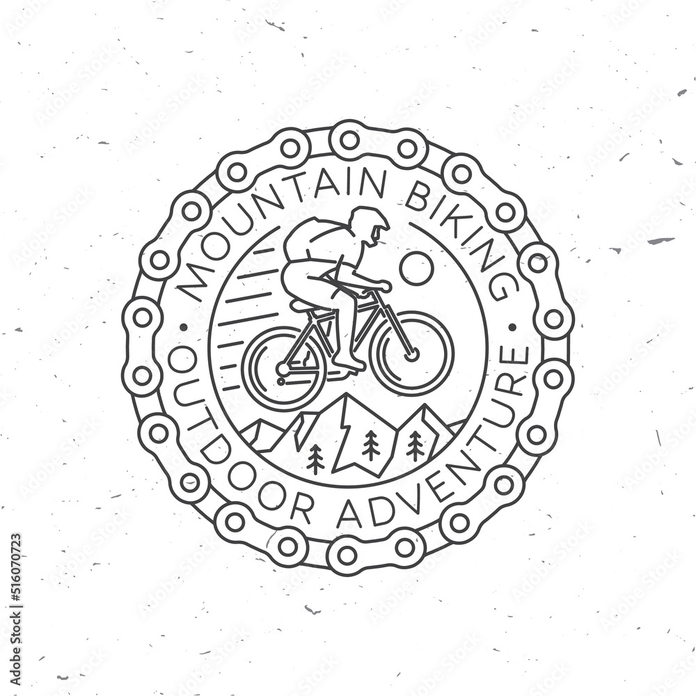 Fototapeta premium Mountain biking. Vector illustration. Concept for shirt or logo, print, stamp or tee. Vintage line art design with man riding bike, chain and mountain silhouette. Outdoor adventure.