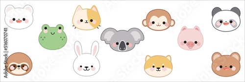 Set of cute animal faces in kawaii style. White isolated background.