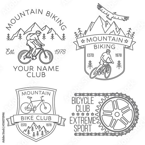 Set of Mountain biking badge, logo, patch. Vector illustration. Concept for shirt or logo, print, stamp or tee. Vintage line art design with man riding bike and mountain silhouette.