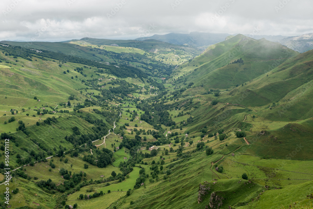 View from the mountain pass of Lunada, Cantabria, Spain on a cloudy day