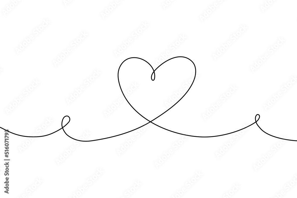 Love heart continuous line drawing. Black isolated linear template. Comic Doodle concept design art. Outline simple border for social media, web sites, dialog chat. Vector illustration.