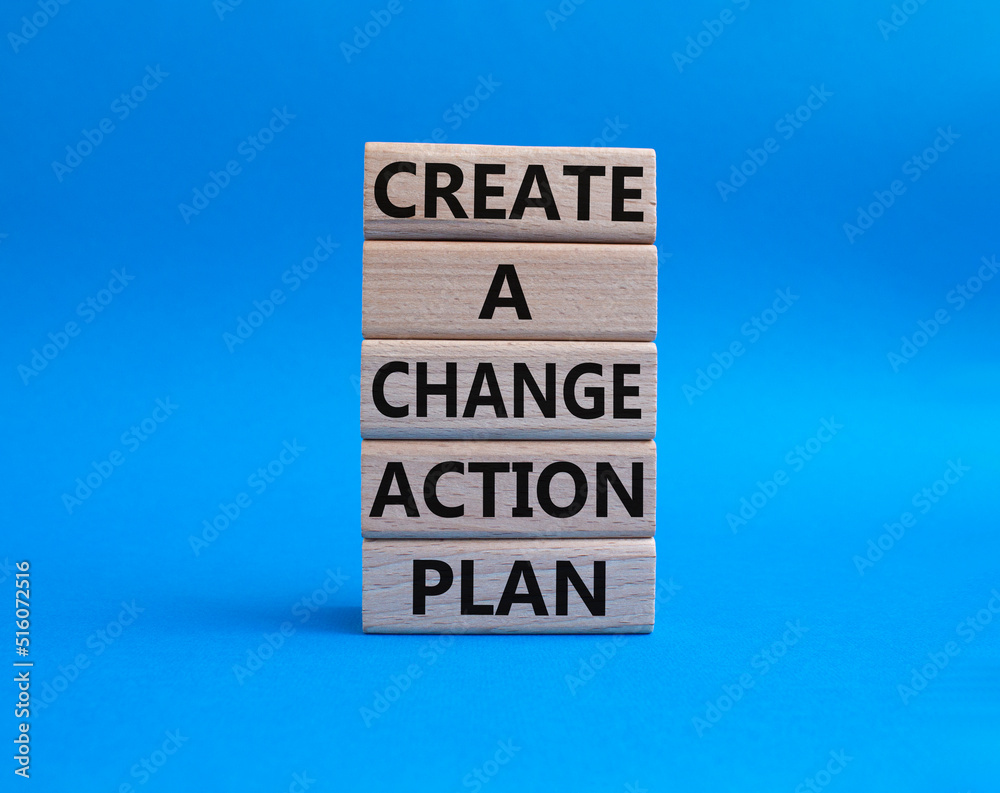 Create a change action plan symbol. Business Concept words Create a change action plan on wooden blocks. Beautiful blue background. Business and Create a change action plan concept. Copy space Create a change action plan symbol. Business Concept words Create a change action plan on wooden blocks. Beautiful blue background. Business and Create a change action plan concept. Copy space
