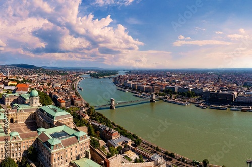 Panorama drone photo of Budapest, Hungary. The Buda Castle and the Royal Palace, the river Danube with Chainbridge. photo