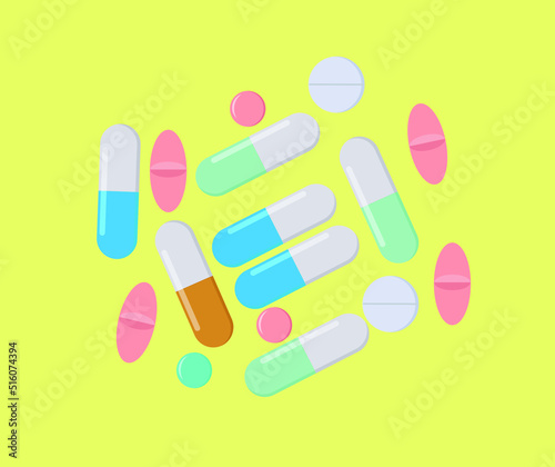 Vector set of pills, medicines, drugs, vitamines. Pharmaceutical prescription.