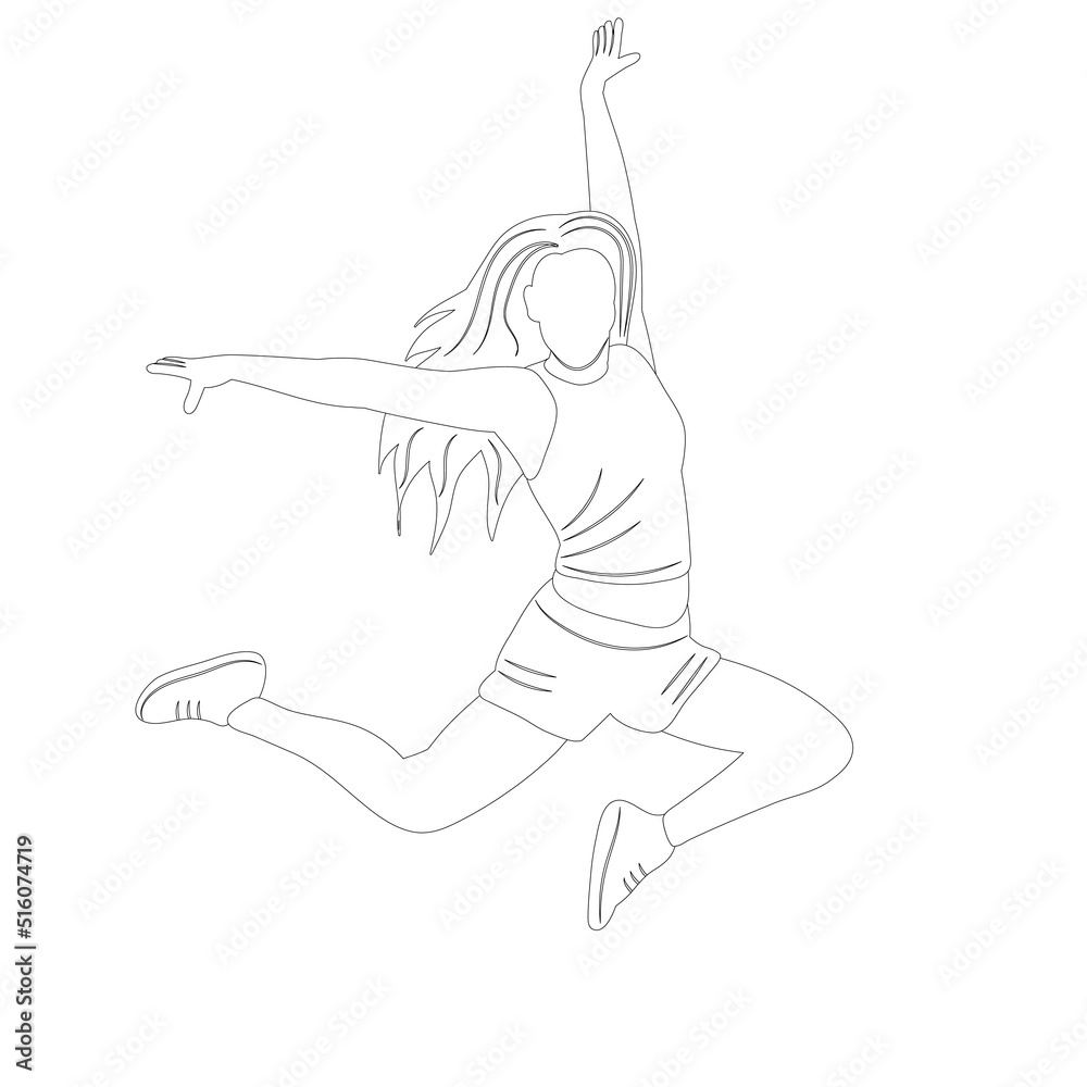 woman jumping sketch, outline on white background isolated